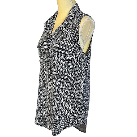 Ann Taylor LOFT Sleeveless Blouse Top Geometric Print Collared Black M Pockets - Picture 7 of 15